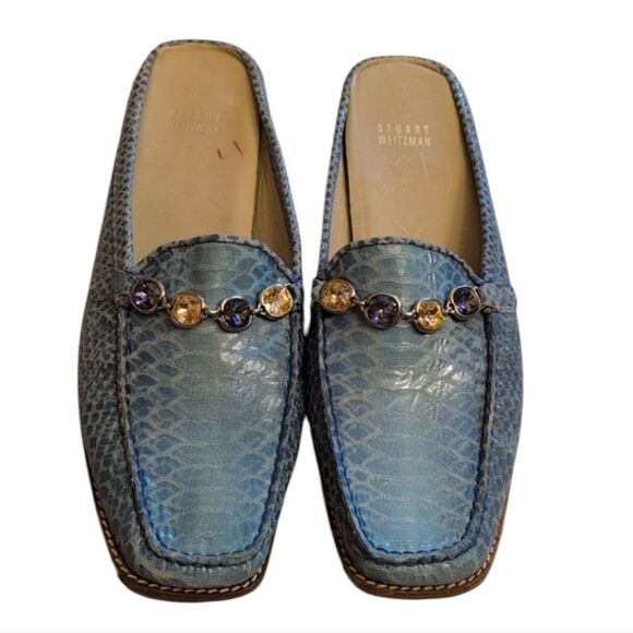 Stuart Weitzman Shoes - Stuart Weitzman Jeweled Blue Snakeskin Mules Open Back Slides Loafer Size 10